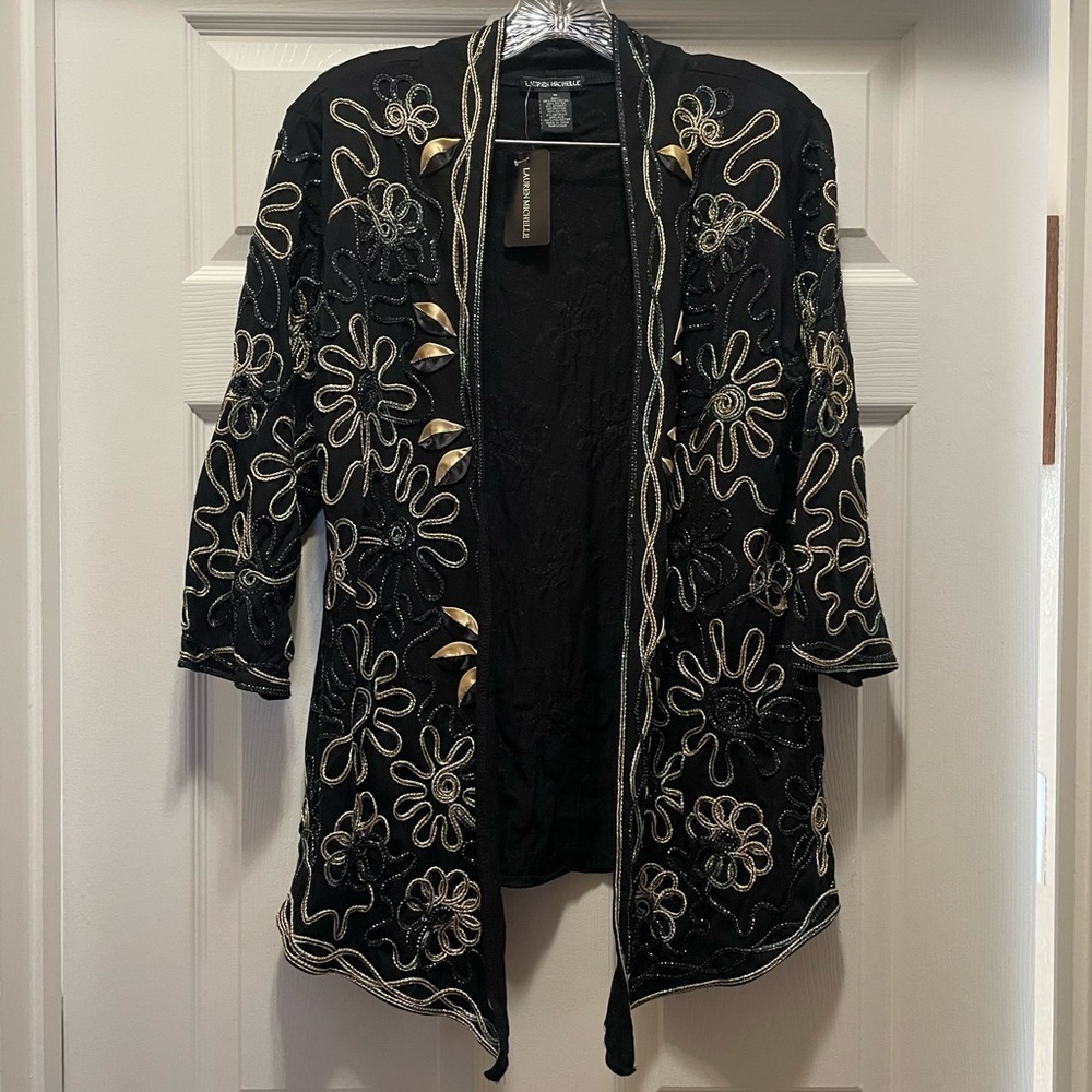 Boho Embroidered Duster Cardigan Black Open Front Floral Jacket Woman's M